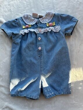 Baby Girl Denim One-Piece Romper with Lace Collar